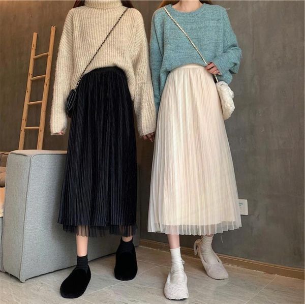 

skirts autumn slightly fat large elastic waist gauze women's thin medium length a-line versatile skirt worn on both sid, Black