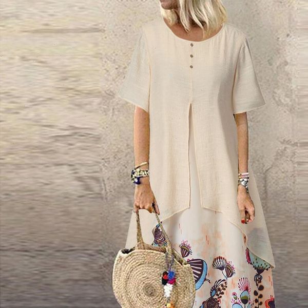 

summer dress women fake two piece vintage dress floral print short sleeve o neck maxi dress vestidos robe party dresses, Black;gray