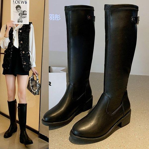 

boots women's square heel mid-heel platform high-tube fashion british style trend solid color knight, Black