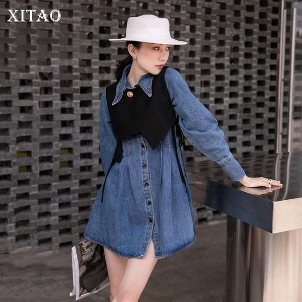 

casual dresses xitao high waist denim dress turn down collar single breasted women winter wear base all match fashion zy2163, Black;gray