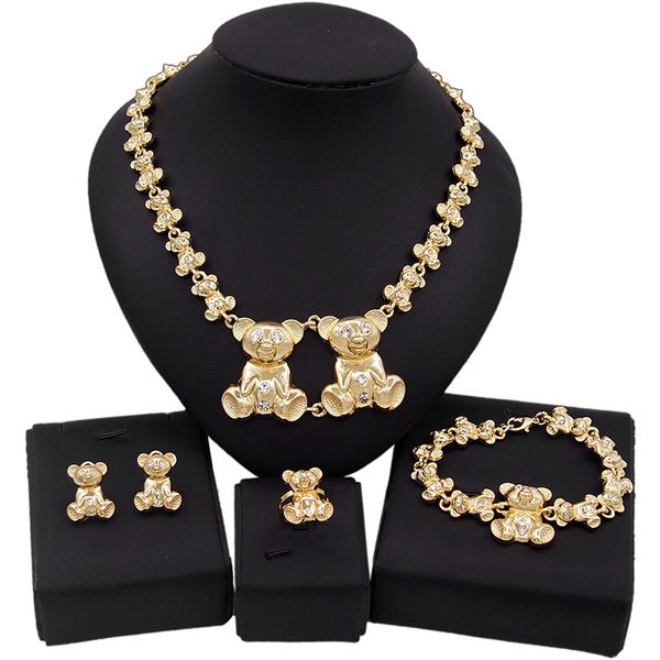 

yulaili dubai gold plated big teddy bear i love you necklace jewelry set american diamond hug and kiss xoxo fashion designed for the party j, Black