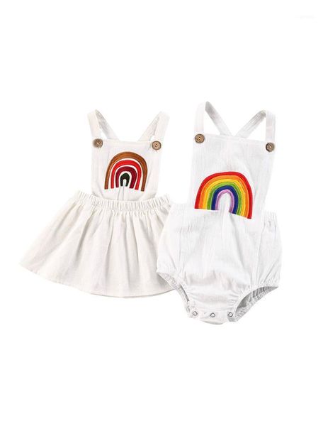 

jumpsuits infant baby girl boys sister outfit embroidery rainbow sleeveless romper jumpsuit cotton summer clothes 0-24 months, Blue