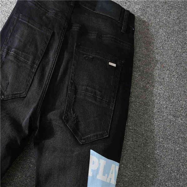 

men's jeans hip hop fashion designer brand amr patchwork pocket embroidered washed blue man pants streetwear belt trousers clothing 7nn