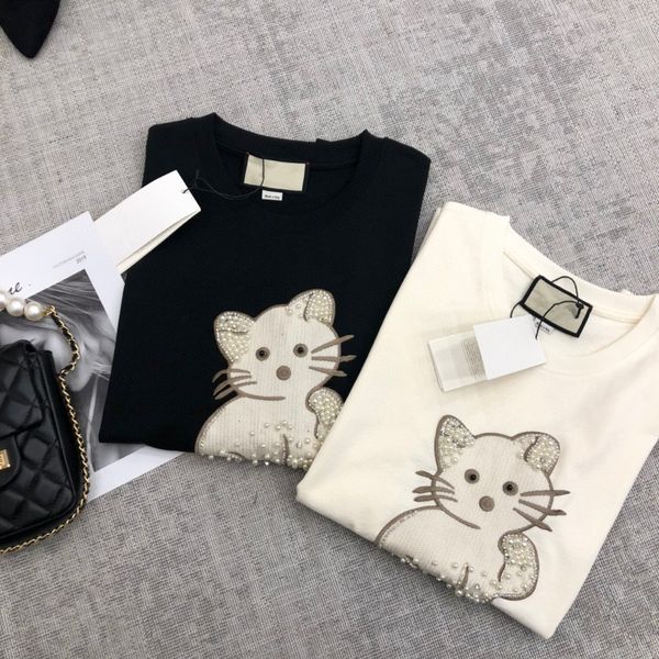 

nanyou women's clothing 2021 spring and summer new high end classic heavy industry embroidery nail drill kitten versatile t-shirtms5h, White