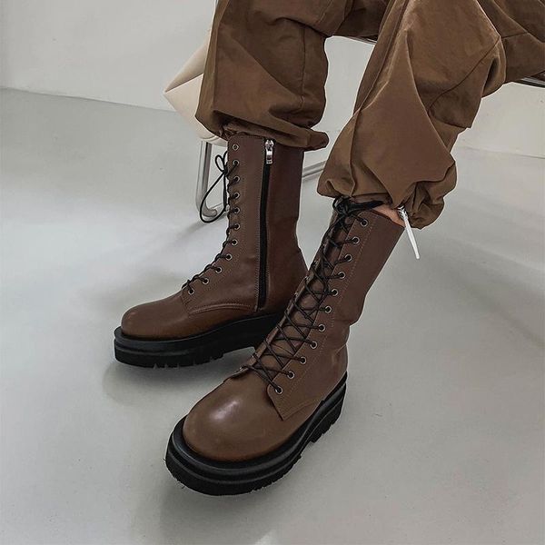 

boots flat platform rock shoes woman lace up luxury designer boots-women round toe clogs black ladies lolita rubber autumn fashi