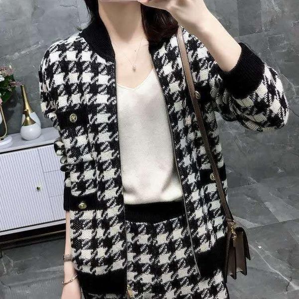 

autumn and winter new style small fragrance black and white check knitted suit women's sweater