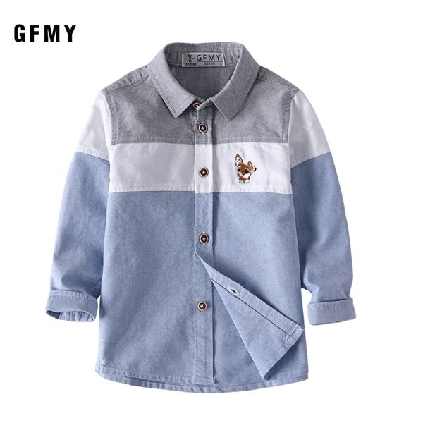 Gfmy Primavera 100% Oxford Têxtil Algodão Manga Completa Padrão Bordado Meninos Camisa 3T-12T Splice Kid roupas casuais 9012 210306