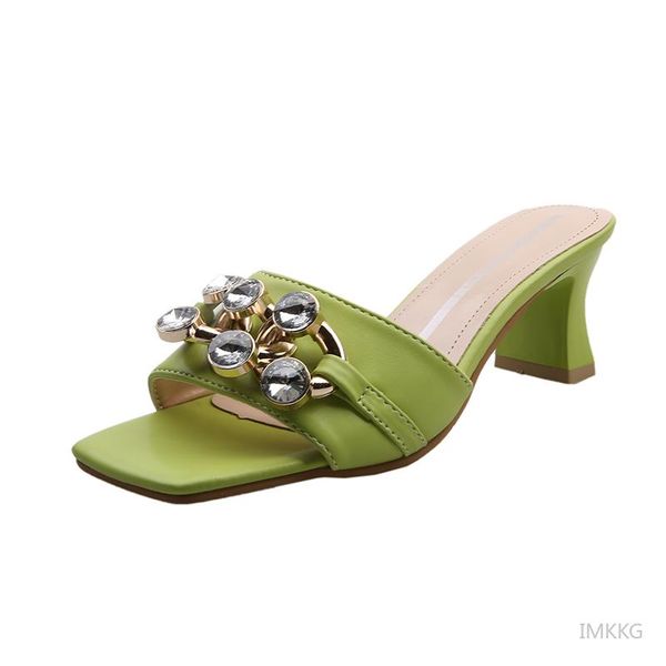 

slippers 2021 women mules slides woman gold metal chain brand design open toe square high heels casual shoes green sandalias, Black