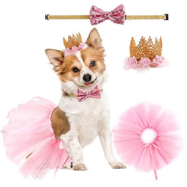 

dog apparel pet birthday hat collar dress set chihuahua bowknot hairpins cartoon baby headband colorful outfit for par