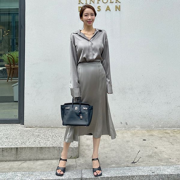 

new arrival comfortable loose 2 pieces personality shirt and long a-line skirt temperamental women sets xqu1, Black