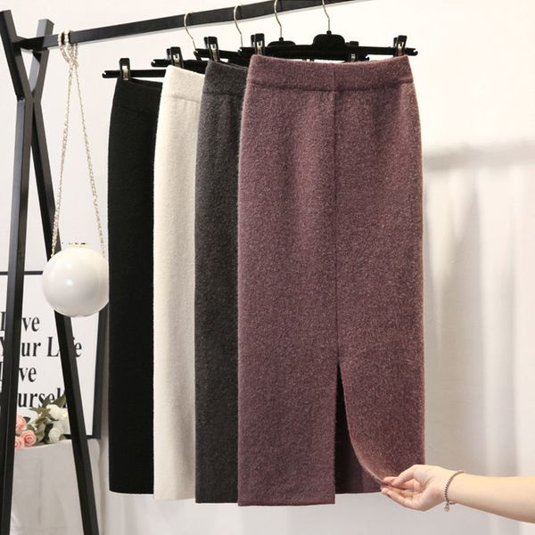 

new women 2021 autumn winter warm knitted pencil female vintage high waist falda midi skirt ladies sweater skirts a4785a8e, Black