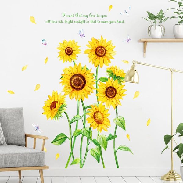 

wall stickers sunflower with 3d butterfly kids bedroom living room kitchen green leaves background home decor mural pegatinas
