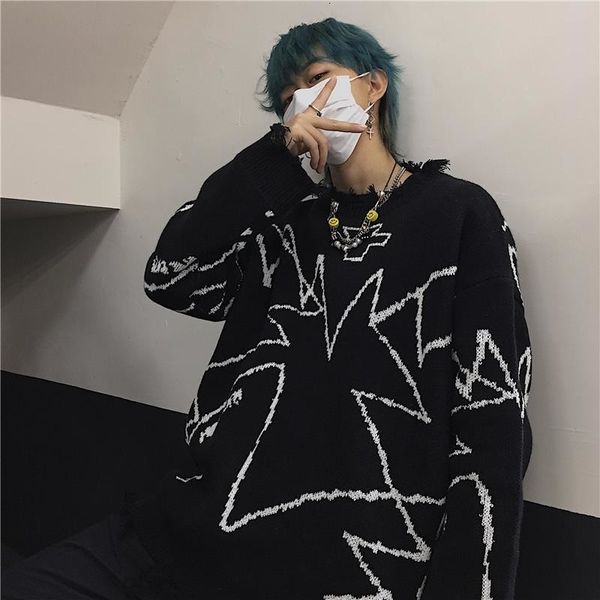 

women's sweaters outono inverno homens rasgado oversized camisola de malha design irregular hip hop punk cruz graffiti malhas feminino, White;black
