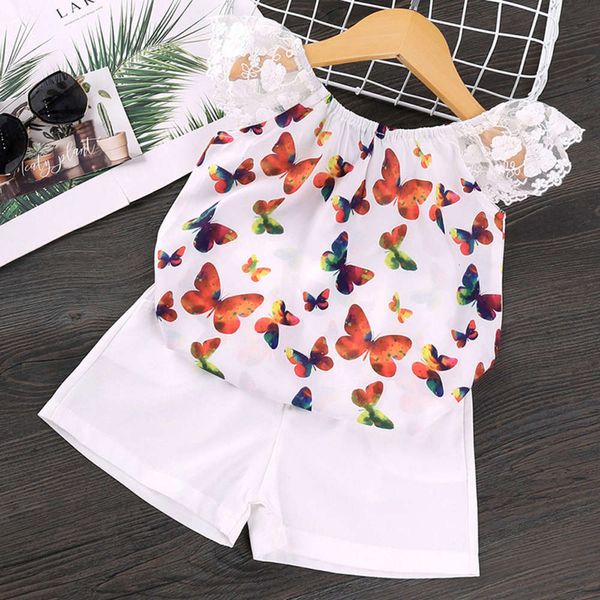 

suit new girls' 2021 spring summer children's wear two piece foreign style butterfly flying sleeve and shorts, White