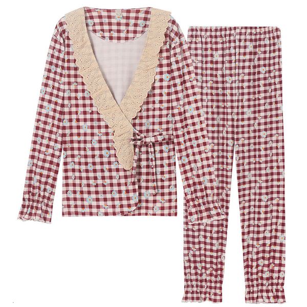 

2021 new cotton lace, women's plaid pajamas, household clothes, v-neck, french princess style, spring and autumn series qkek, Black;brown