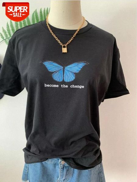 

sunfiz yf become the change women's butterfly print t-shirt summer cute aesthetic inspirational quotes tees casual hipster tee #5q44, White