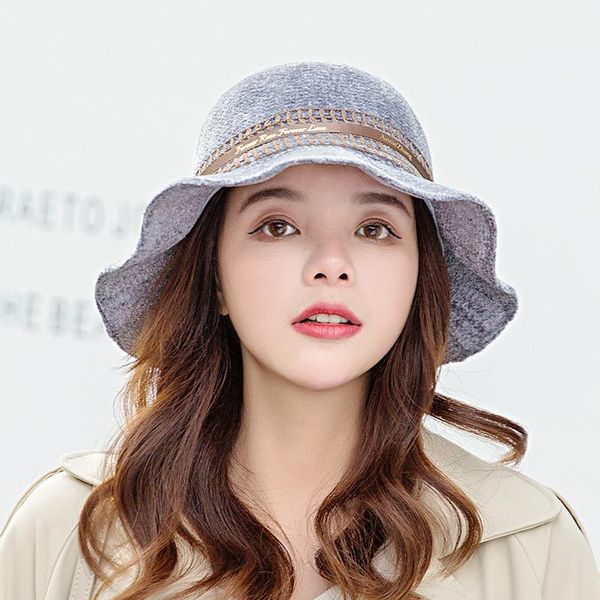 

wide brim hats sparsil fashion knitted warm bucket hat woman autumn winter corduroy side basin caps casual travel bow fisherman, Blue;gray