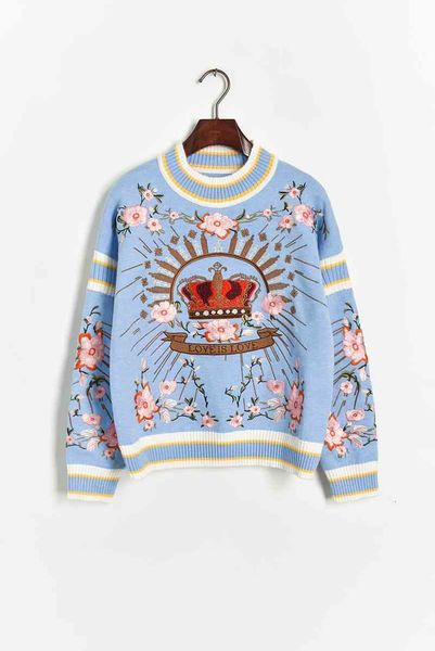 

women's sweaters 820 autumn brand same style regular long sleeve black blue embroidery crew neck kint sweater striped red women clothes, White;black