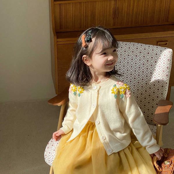 

korean style fashion girls embroidery flower knitted cardigan spring autumn children casual sweaters coats 210615, Blue