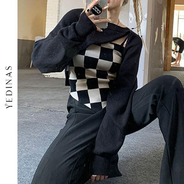 

women's sweaters yedinas gothic irregular knitted black pullover sweater women+checkerboard camis tank y2k korean style autumn 2021 ju, White;black