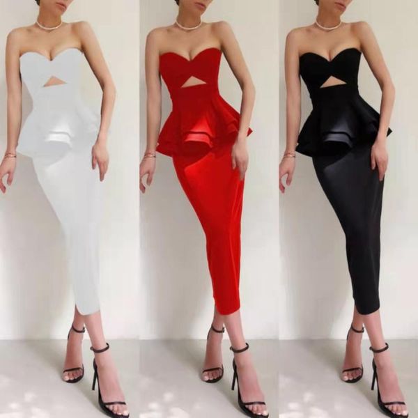 

casual dresses summer women red off shoulder maxi bodycon bandage dress white ruffles hollow out club celebrity runway party, Black;gray
