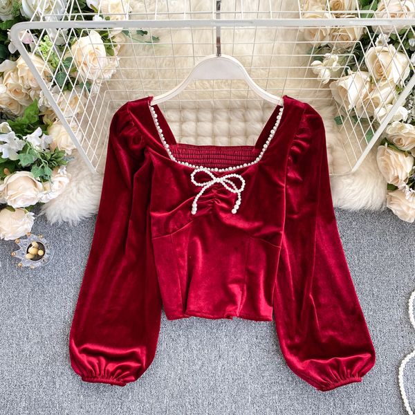 

2021 vintage square collar long sleeve beading blouse women white/beige bow draped veet shirt autumn fashion 8m3v, Blue