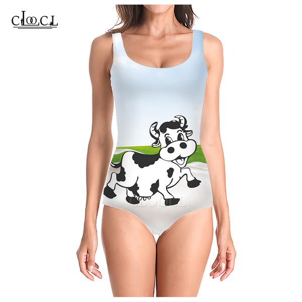 

cloocl summer popular cartoon cow 3d printed sleeveless women swimsuit fashion casual swimsuits beach one piece swimwear, White;black