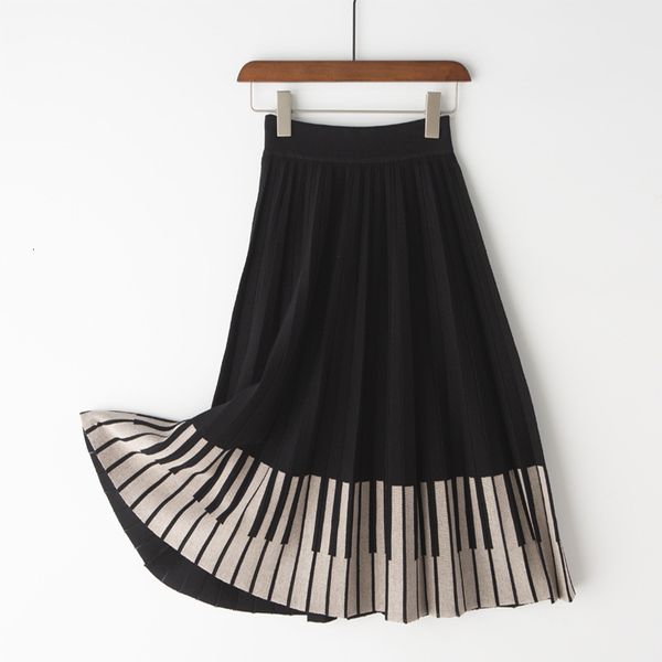 

2021 new high waist knitted winter a-line long chic striped hem women autumn midi skirt faldas jupe femme saia z0g7, Black