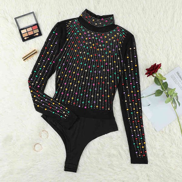 

shiying long sleeve half high neck transparent mesh color drill one-piece fun underwear one-piece clothes, Black;red