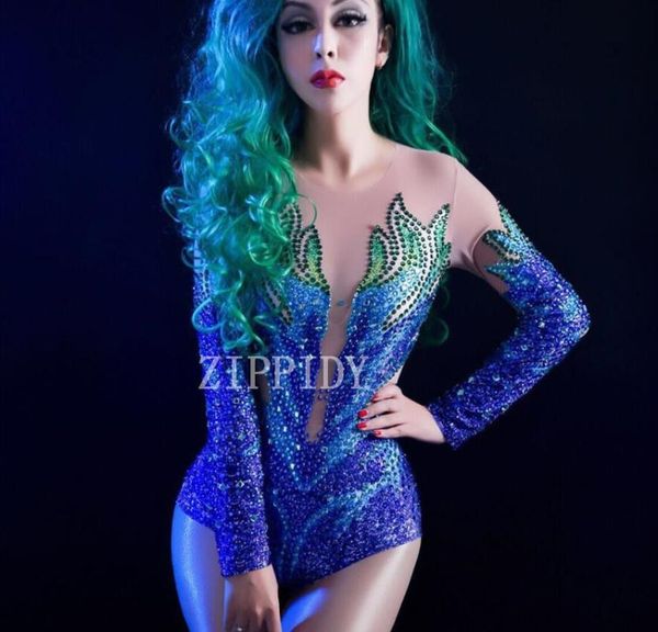 

2021 sparkly rhinestones mesh bodysuit women's party costume dance show female singer wear see through bodysuit youdu, Black;white