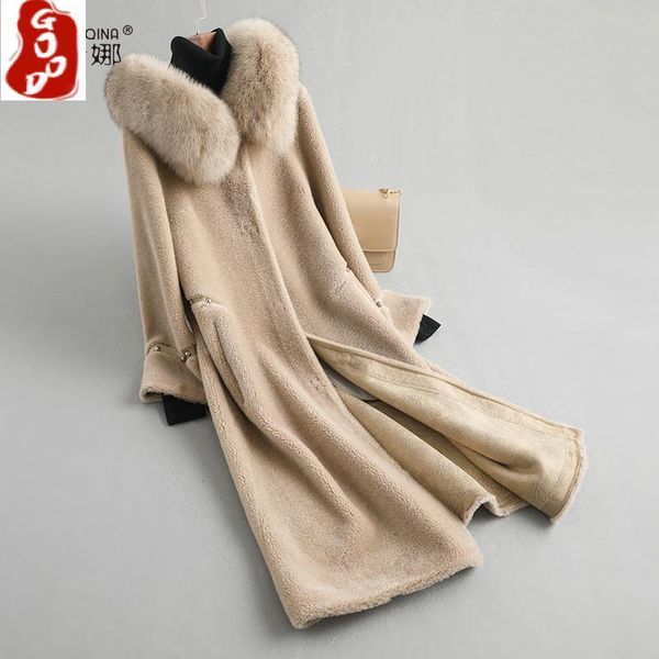 

women's fur & faux winter coat women real female sheep shearing long jacket large hood clothes 2021 wool coats hiver 18113, Black