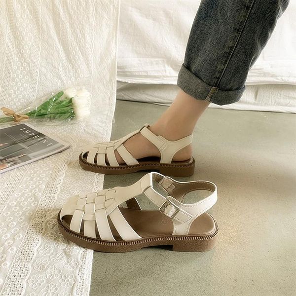 

sandals flat sandal shoe summer heels 2021 women's all-match suit female beige breathable without girls retro closed low black fashi