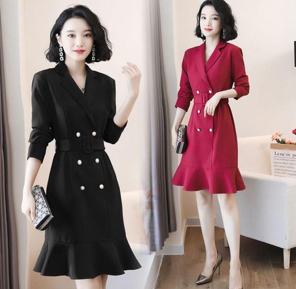 

casual dresses retro temperament ol red office lady's woolen dress autumn winter double-breasted female thick belt ruffle falbala busin, Black;gray
