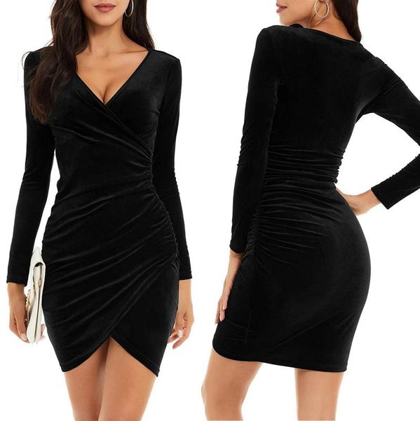 

casual dresses women's dress velvet v neck long sleeve fashion solid color wrap elegant ruched party bag hip bodycon, Black;gray