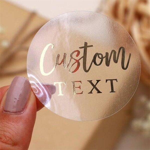 Benutzerdefinierte Etiketten Aufkleber Personalisierte Text Business Clear Transparent Goldfolie Rose Gold, Silber, Fertigen Hochzeit 210925