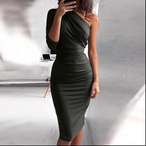 

new one shoulder bodycon party dresses elegant women casual midi sheath slim bodycon dress package hip midi dress, Black;gray