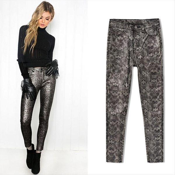 

spring winter pu leather womens capris trousers snake print faux pencil pantalon femme, Black;white