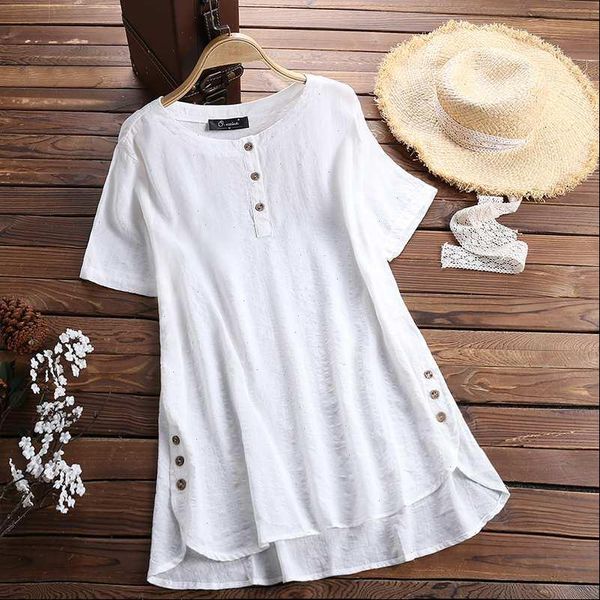 

2021 women blouse summer tunic o neck short sleeve checked plaid vintage loose casual shirt chemise female party blusa, White