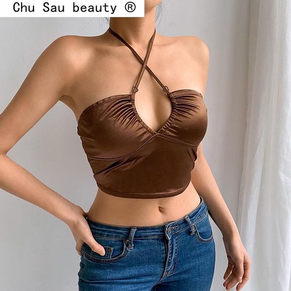 

women's tanks & camis 2021 strappy brown y2k halter crop women summer backless cami ladies fashion camisole party, White