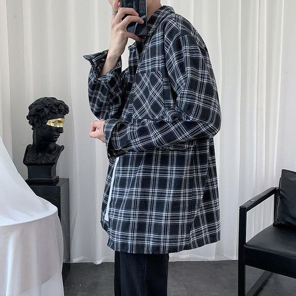 

men's casual shirts plaid shirt men korean fashion loose business harajuku streetwear retro wild social long-sleeved, White;black