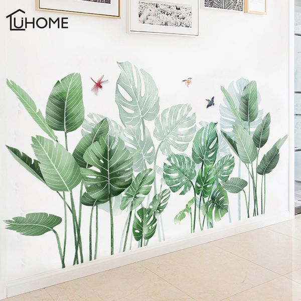 Grande planta tropical verde folhas adesivos porta decoração da porta da parede decoração de canto removível vinil decalques de arte 210308