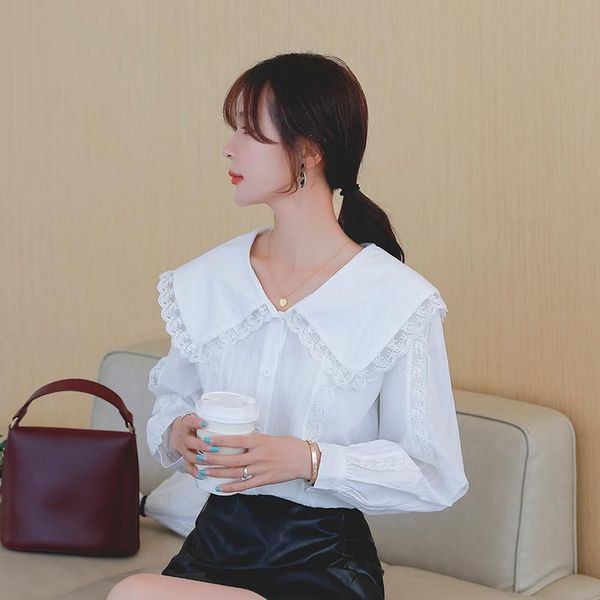 

coigarsam korea style lace shirt womens new patchwork loose lantern sleeve women shirts white 6989