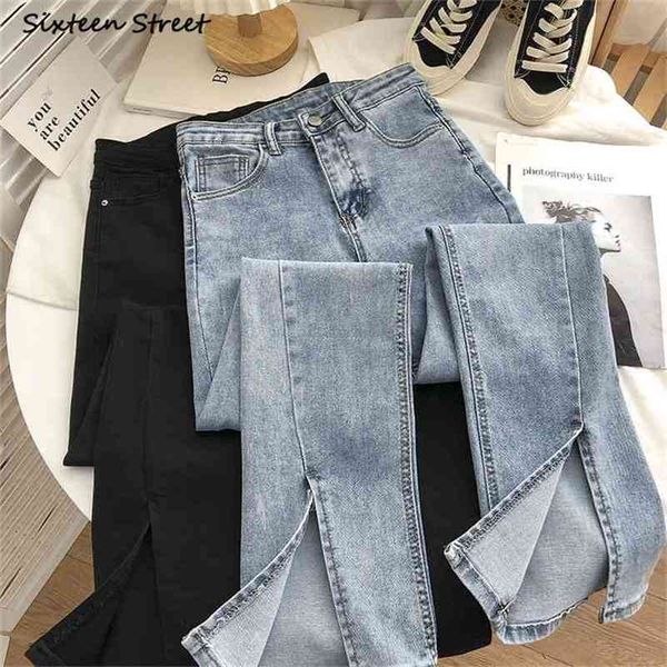 

streetwear elastic denim flare pants woman high waist vintage blue split jeans korean chic gray bell bottom female 210708