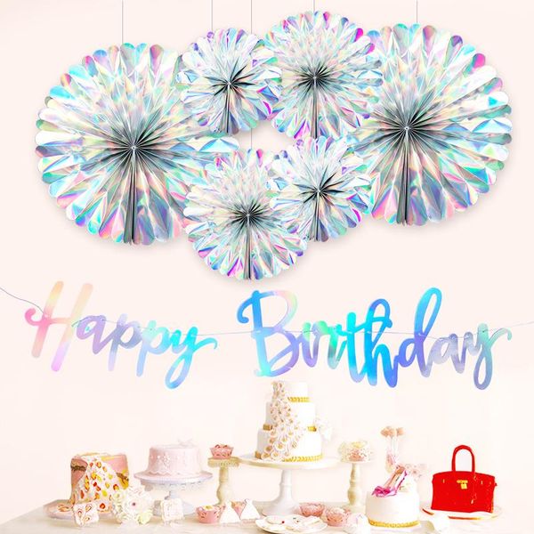 

party decoration iridescent crafts paper fan happy birthday banner diy flower decor flag baby shower home supplie