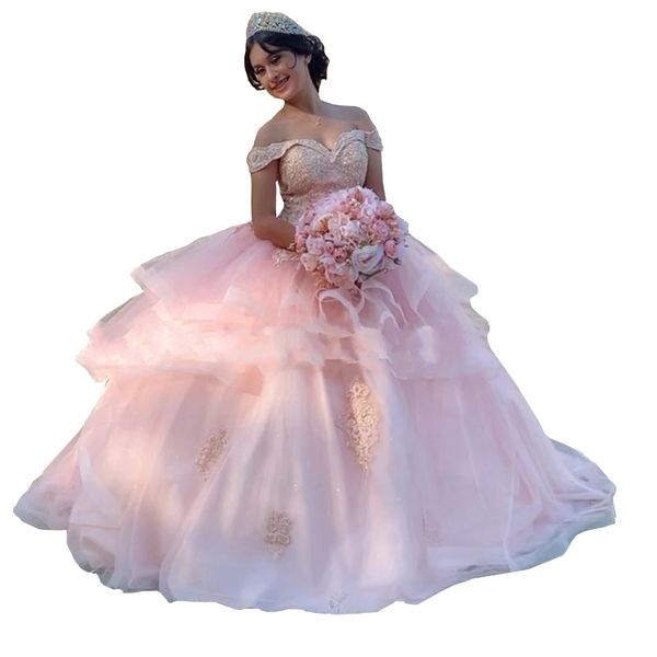 Prinzessin Erröten Rosa Quinceanera Kleid Süße 16 Mädchen Schulterfrei Applique Cupcake Schichten Ballkleider Vestiods De Party Tüll 2022