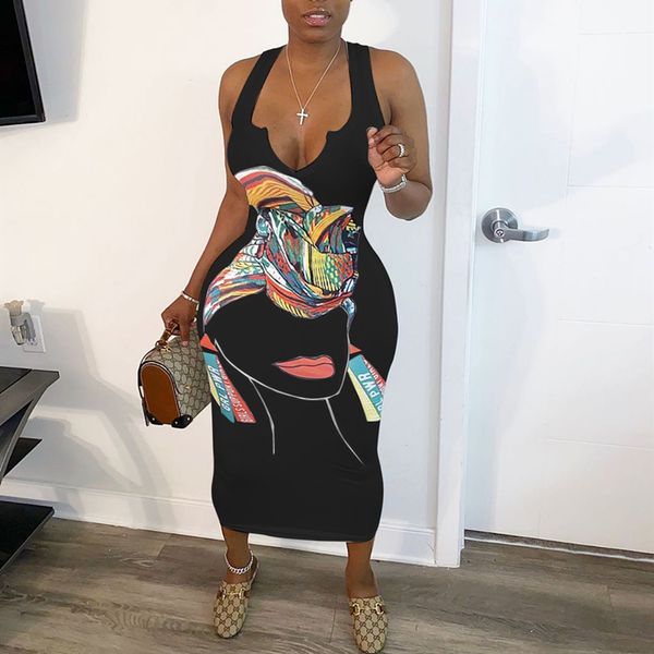 

graffiti print plus size deep v neck maxi dresses for women summer 2021 club wear bodycon long dress d22-cc29, Black;gray