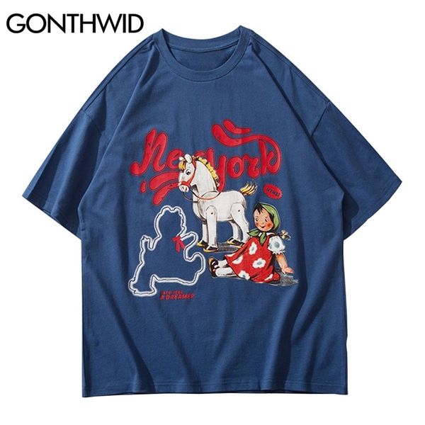 

tees shirts streetwear men hip hop cartoon cute girl horse bear print short sleeve t-shirts casual cotton harajuku 210602, White;black