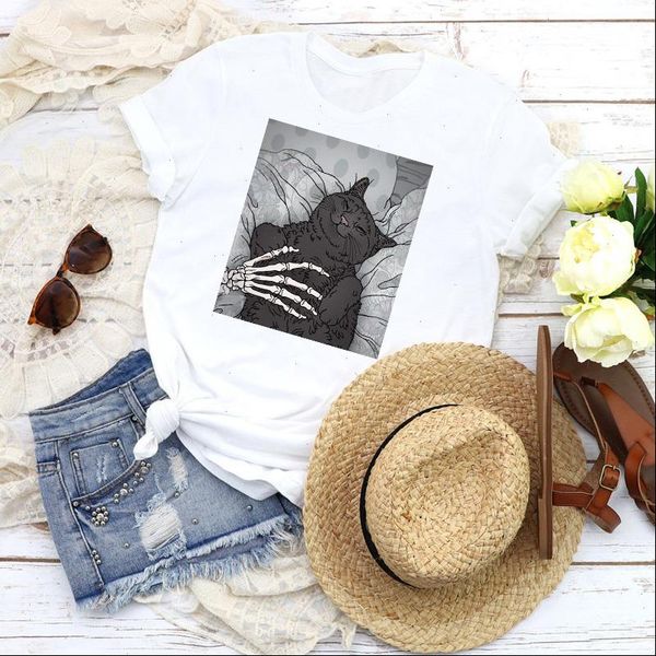 

women graphic sleepy cat horror halloween cute printing cartoon 90s print tees clothing female t shirt womens t shirt, White