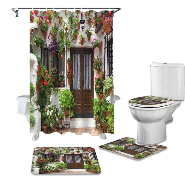 

shower curtains bathroom waterproof curtain house plant flowers green stone pedestal rug lid carpet toilet cover set bath mat