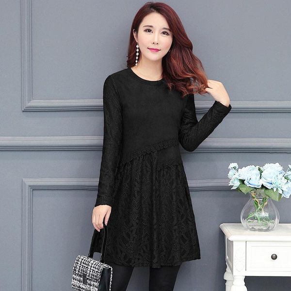 

casual dresses coigarsam women dress winter 2022 long sleeve patchwork lace o-neck add wool upset caramel color wine red black, Black;gray